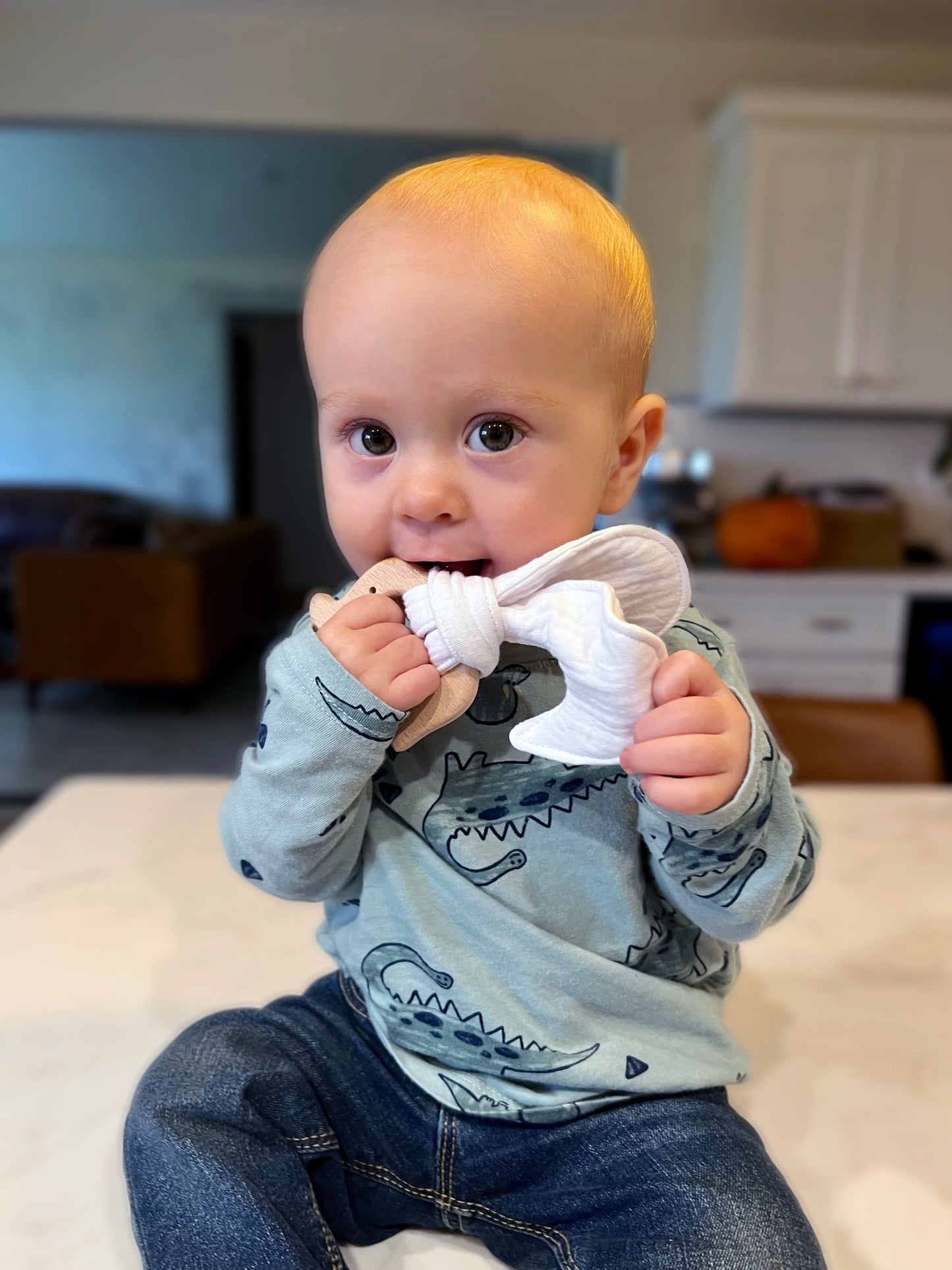 Beech Wood - Baby Teether with Organic Cotton Fabric Tie