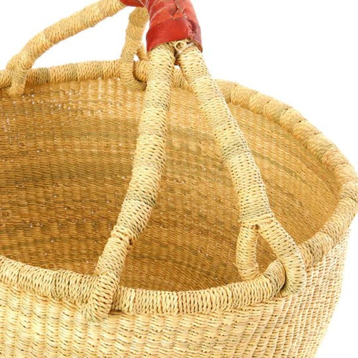 Bolga Market Basket - Large Round with Black Leather Handle