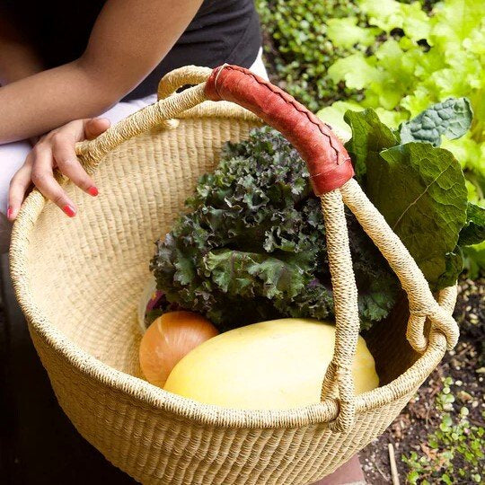 Bolga Market Basket - Large Round with Leather Handle