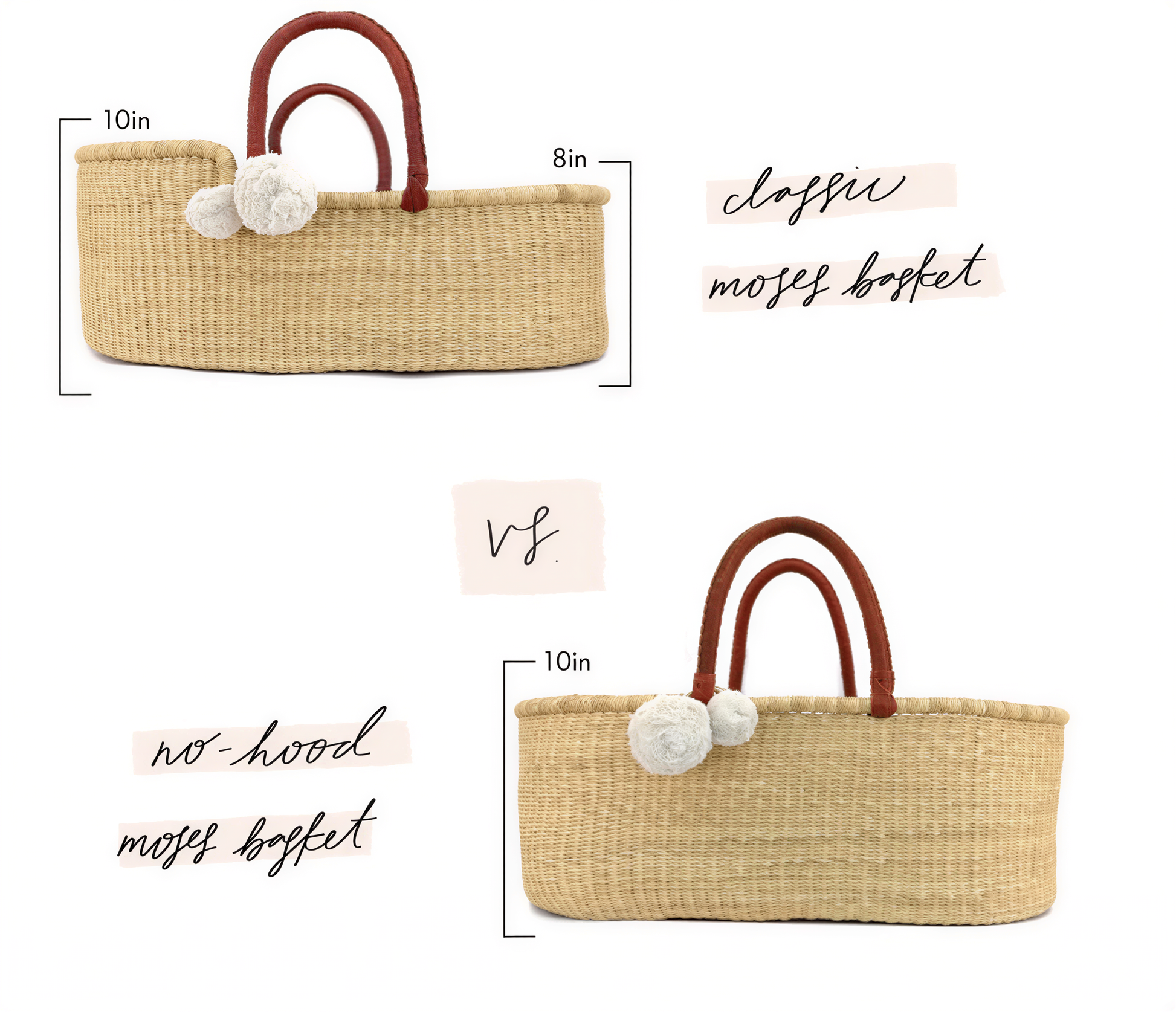 two different types of baskets, one with a classic design and the other with a more modern style. The baskets are made of woven material and have handles. The image also includes text that provides a comparison between the two baskets, indicating that the classic design is 10 inches larger than the modern design.
