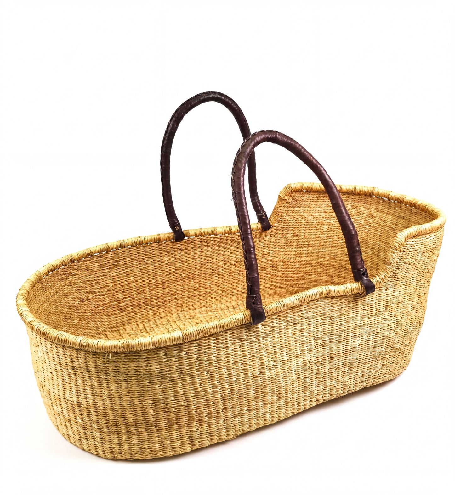 A woven basket with brown handles, sitting on a white background.