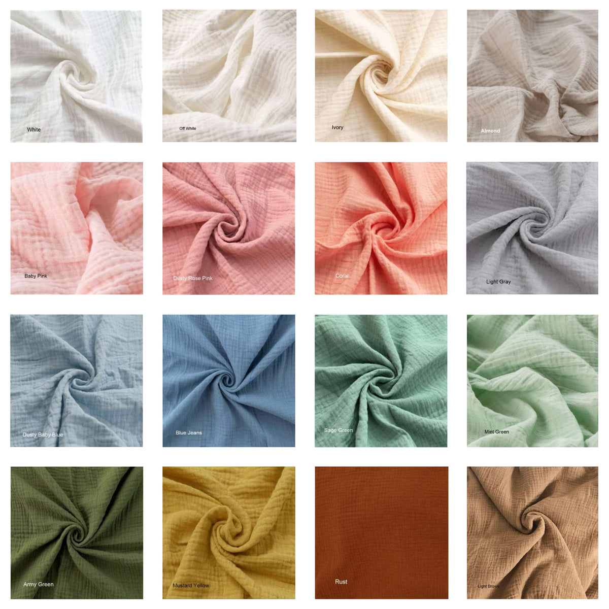 a grid of 16 square images, each displaying a different fabric swirled in various colors and patterns. The fabrics include white, light pink, light blue, light green, light gray, light brown, and light orange. The images are arranged in a 4x4 grid, showcasing the diverse textures and colors of the fabrics.