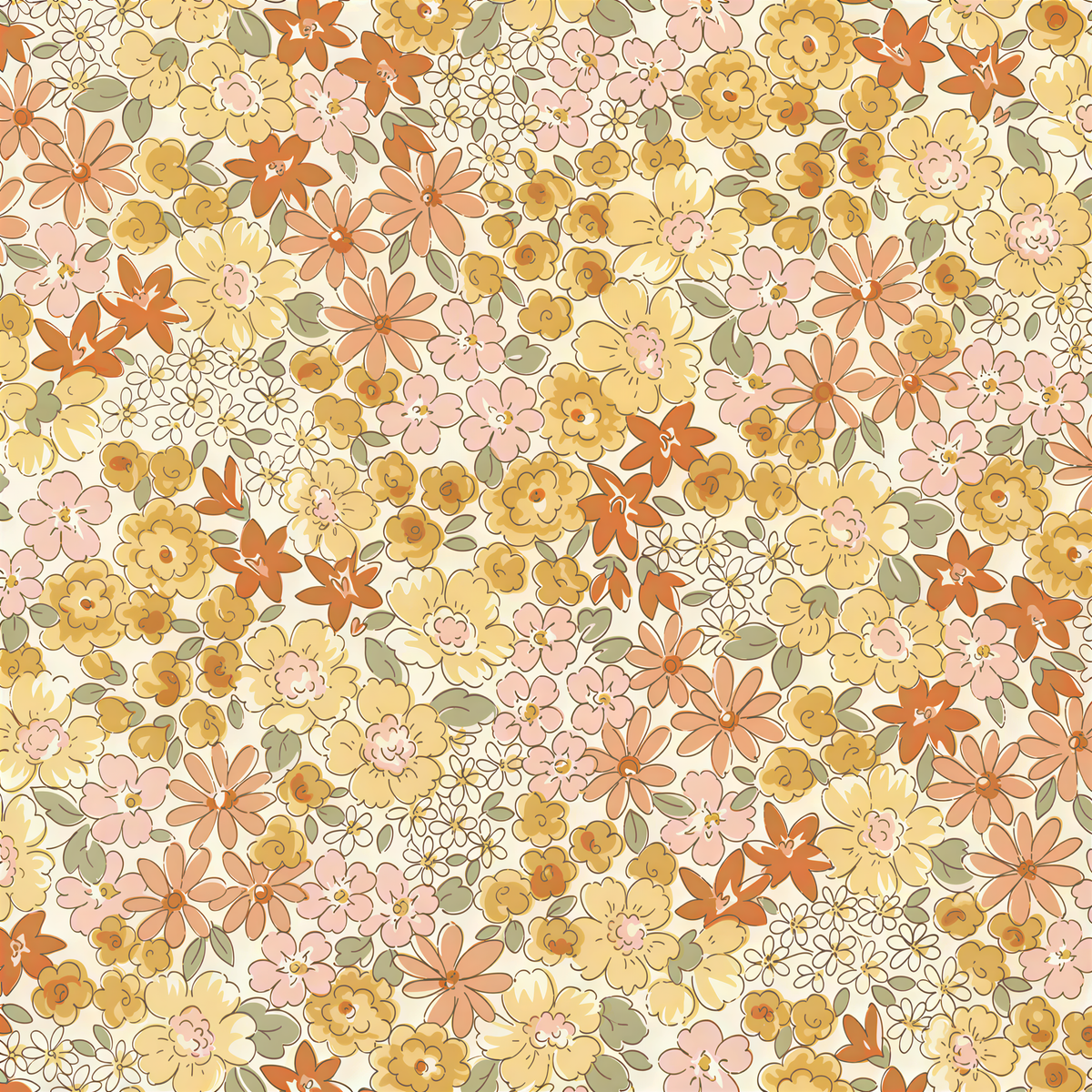 The image is a vibrant and colorful floral pattern composed of various types of flowers in shades of orange, yellow, and green. The flowers are scattered throughout the image, creating a visually appealing and dynamic composition.