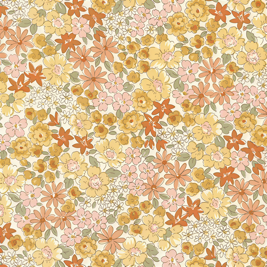 The image is a vibrant and colorful floral pattern composed of various types of flowers in shades of orange, yellow, and green. The flowers are scattered throughout the image, creating a visually appealing and dynamic composition.