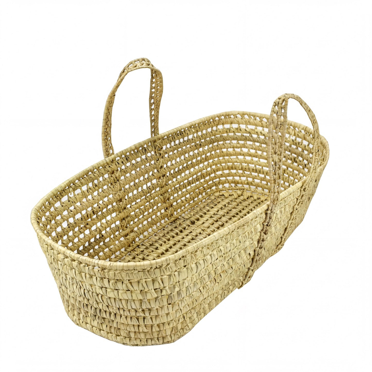 A woven basket with handles, sitting on a white background.