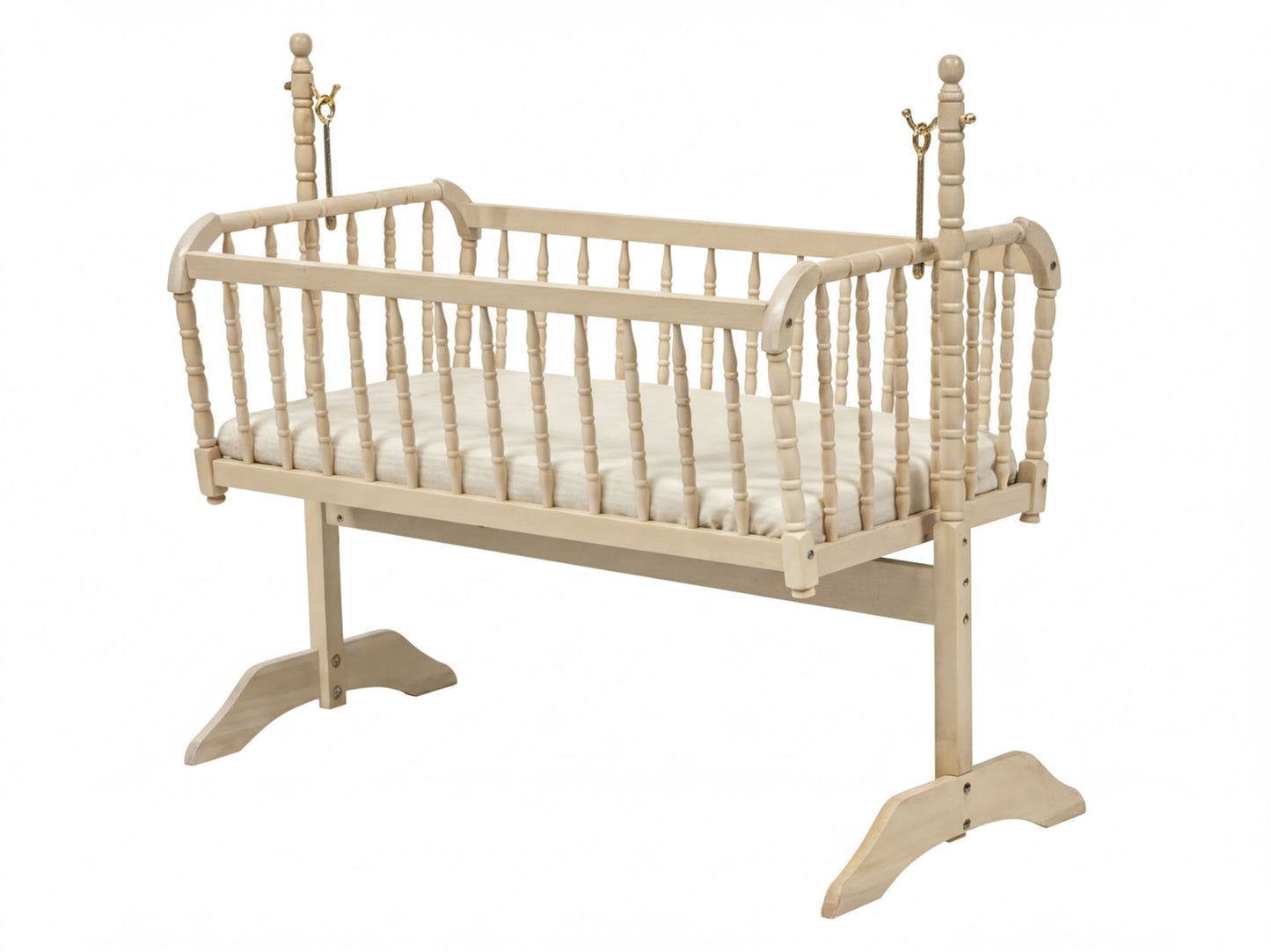 A wooden baby crib with a simple, classic design.