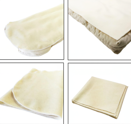 four different views of a beige fabric, including a close-up of the fabric, a folded fabric, a folded fabric, and a flat fabric.