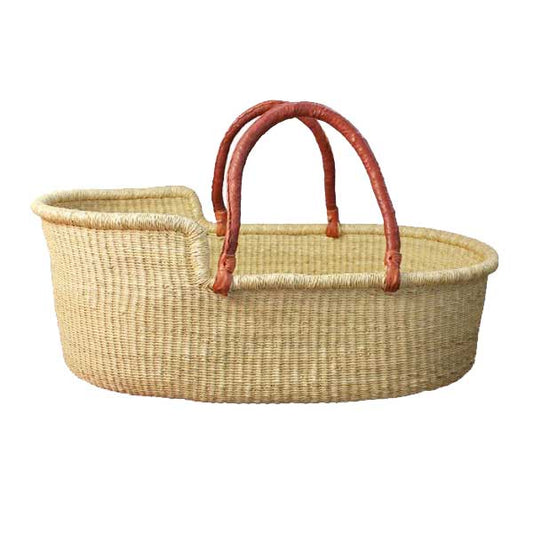 Ghana Moses basket ONLY - All Natural Handwoven with Reddish Brown Leather Handles - In Stock