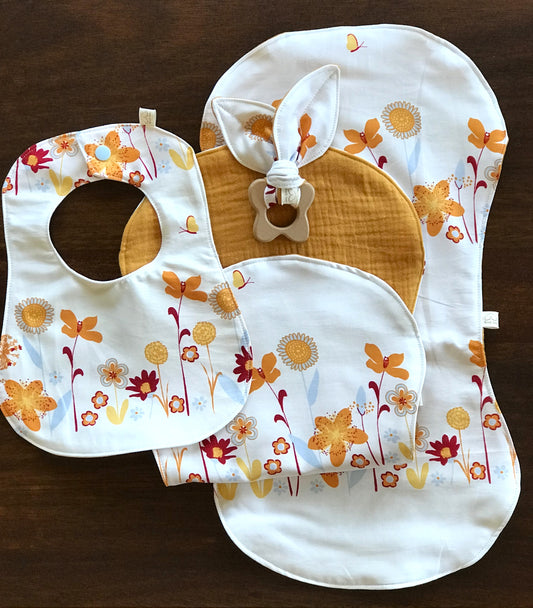 Baby Bib and Burp cloth Set - Flowers and Butterflies