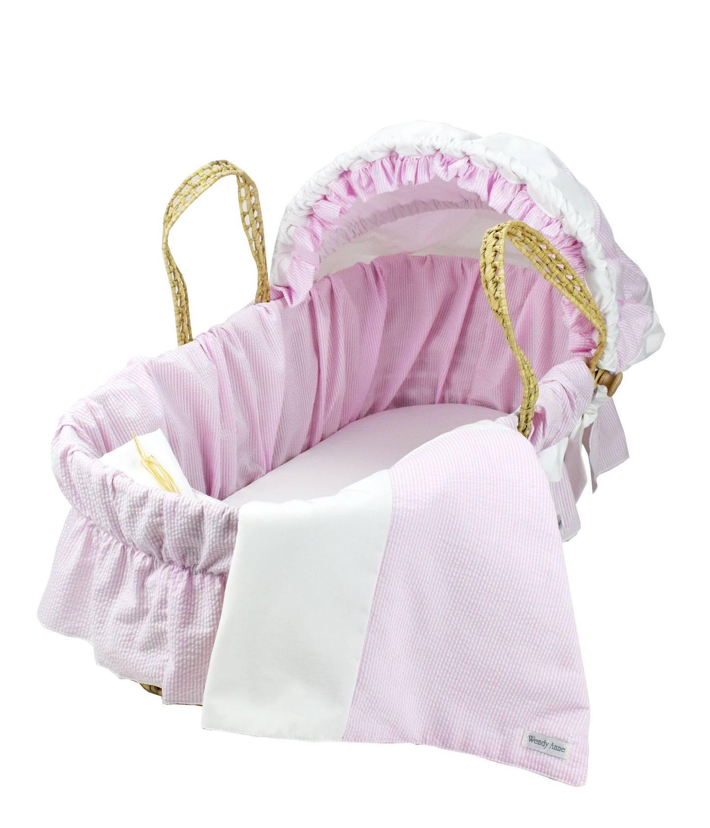 Moses basket with Blue or Pink Seersucker Bedding