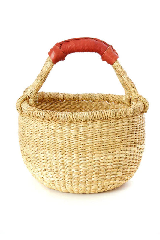 Bolga Market Basket - Small Round with Leather Handle