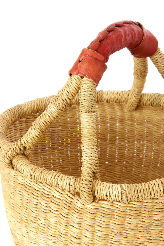 Bolga Market Basket - Small Round with Leather Handle